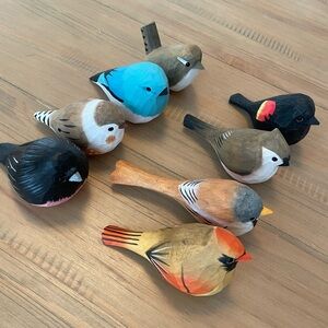 Handcrafted Folk Art Wooden Bird Lot of 8 Painted Colorful Cardinal Blackbird